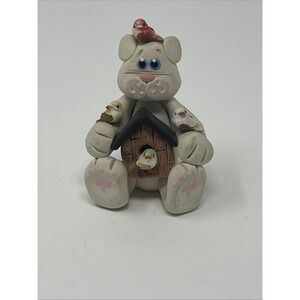 NEW Handmade Polymer Clay Figurine Cat Holding Birdhouse and 4 Birds